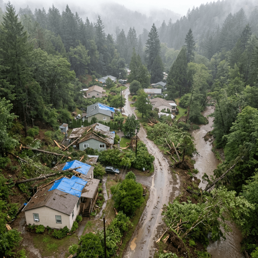 Aerial wooded hollow storm damage homes
